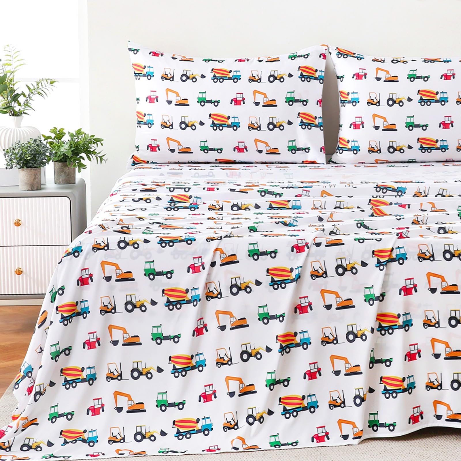 MICORAL Kids Twin Sheet Set Dinosaur, 3 Pieces Truck Sheets for Boys & Girls, Soft Printed Microfiber Bed Sheets, Deep Pocket Cozy Toddler Bedding Set