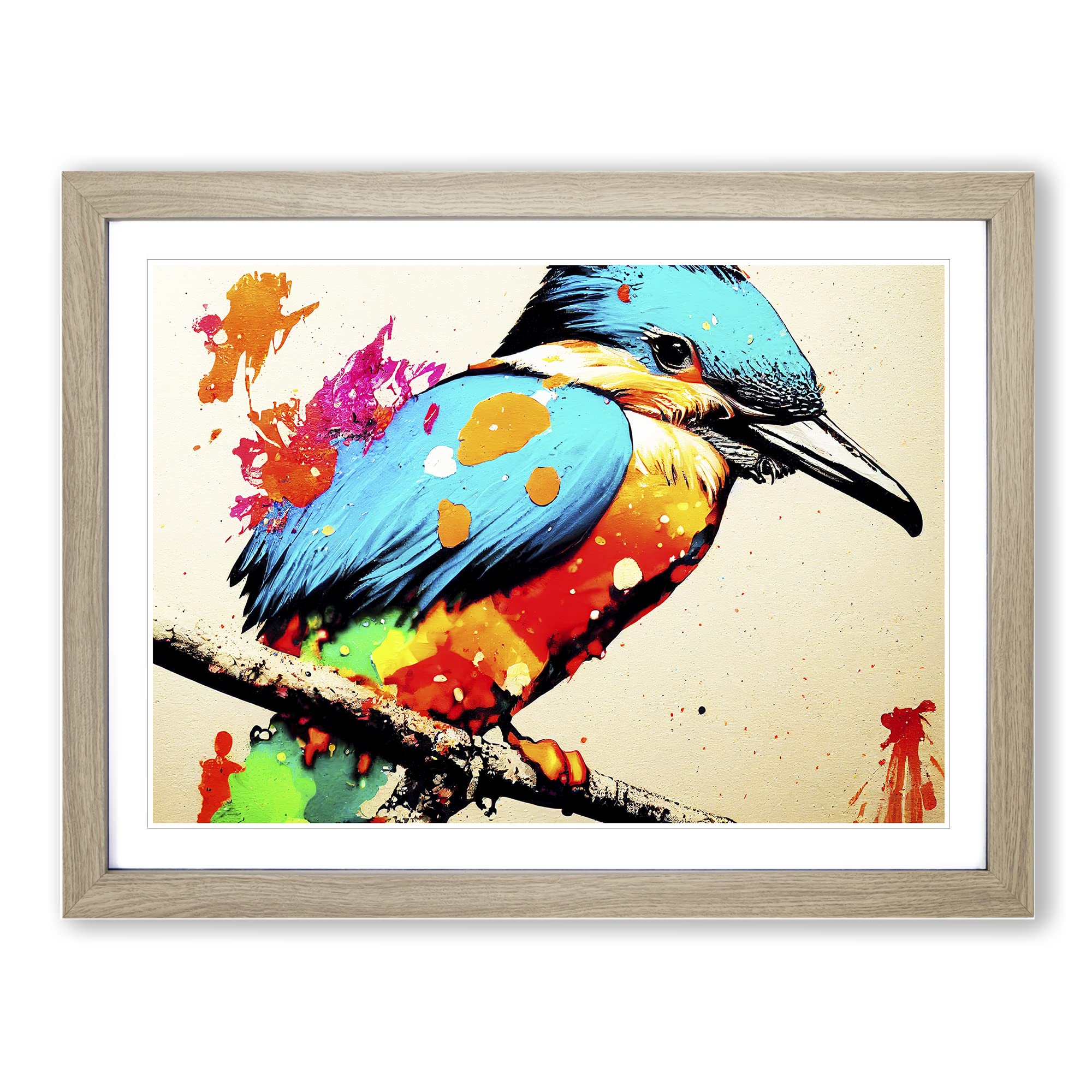 Kingfisher Bird Splashed Vol.4 Abstract WHT Framed Print | A4 Oak Framed Wall Art | Ready to Hang | Abstract Fantasy Picture | Living Room Bedroom Lounge Office
