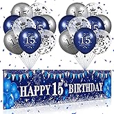 Blue 15th Birthday Decorations for Boys Girls, Navy Blue Silver Happy 15th Birthday Yard Banner and 15th Birthday Balloons for 15th Birthday Anniversary Party Supplies