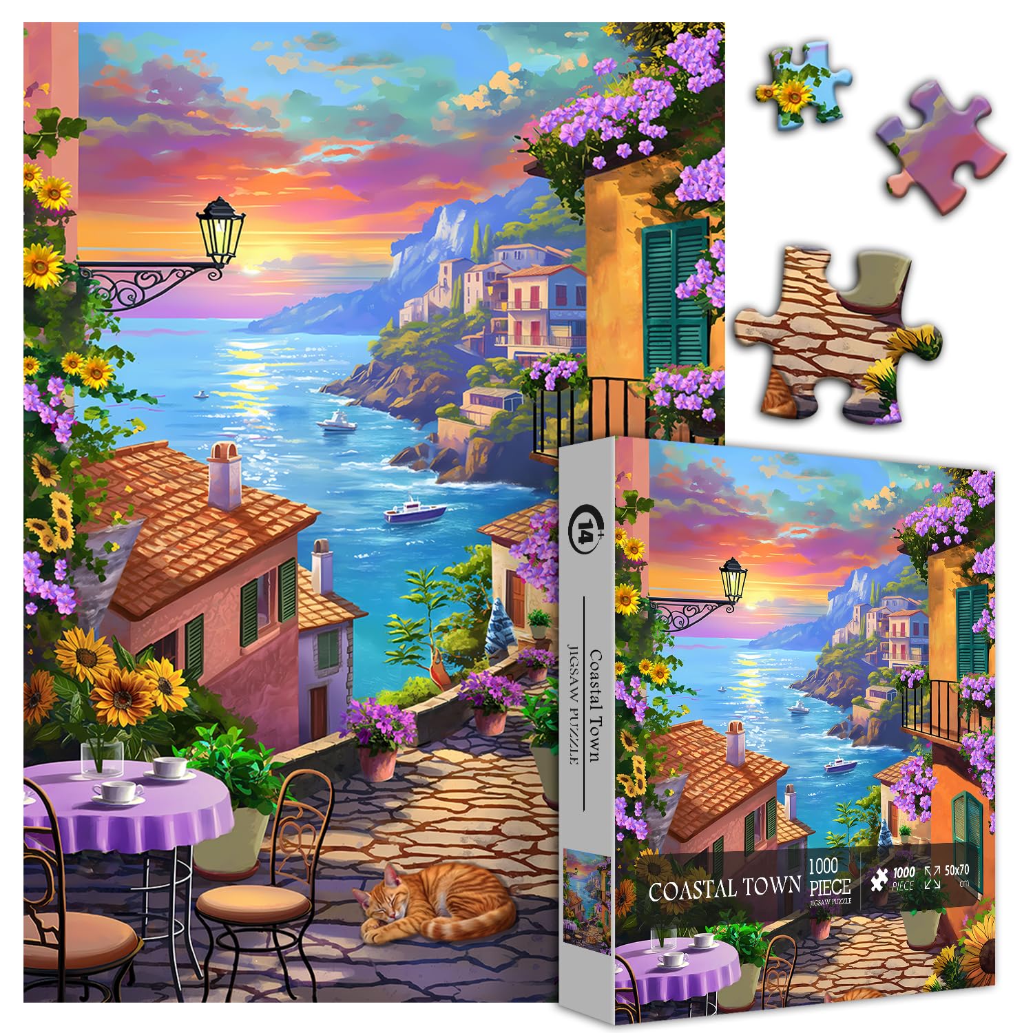 Photo 1 of ***** MISSING 1 PIECE **** Beach Puzzles for Adults 1000 Piece, Summer Ocean Seaside Scenic Sunset, Cat Flower Sunflower Jigsaw Puzzle, Challenge for Adults