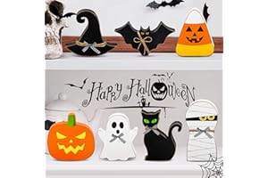LAIRYAN 7PCS Halloween Decorations Indoor, Rustic Farmhouse Halloween Wooden Table Signs Include Witch Hat, Black Cat, Mummy, Ghost, Bat, Candy Corn, Pumpkin Freestanding Signs for Tiered Tray Mantle Shelf