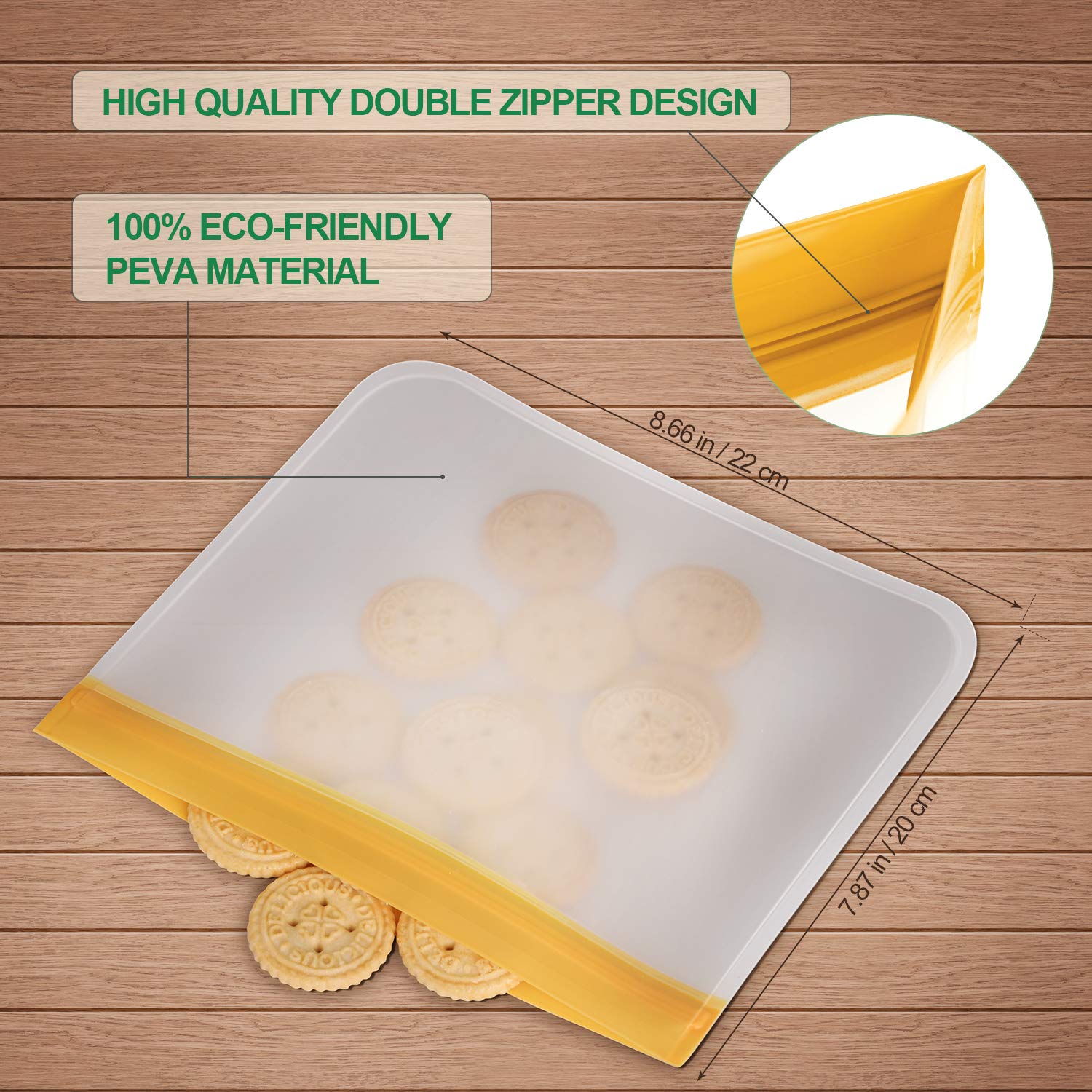 bedee Reusable Food Storage Bags - 8 Pack Extra Thick Ziplock Bags Leakproof Reusable Sandwich Bags - FDA Grade PEVA Snack & Lunch Bags for Kids Snacks, Fruit, Travel, Home Organization