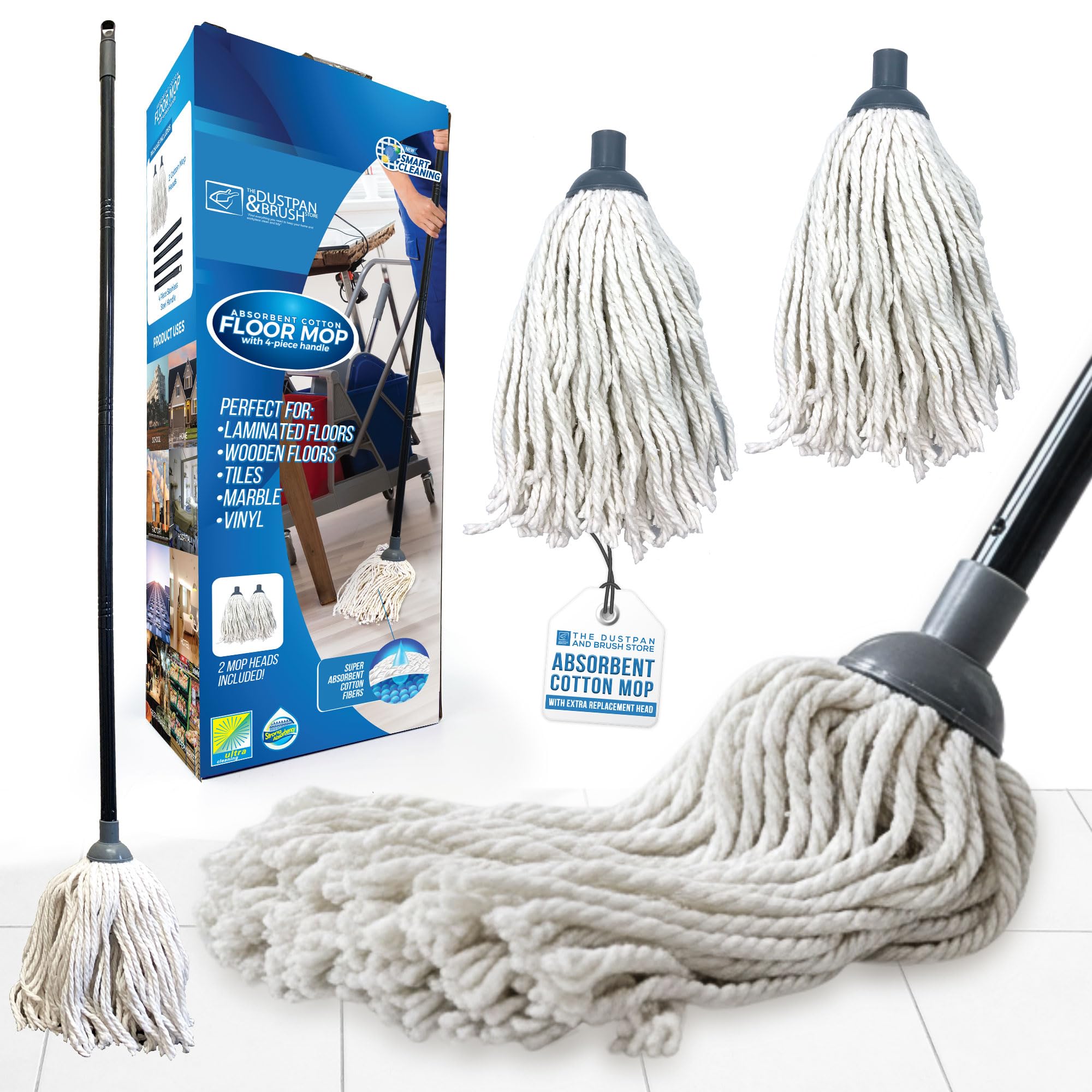 Cotton Floor Mops Mop System with Super Absorbent Cotton Head, 110cm Metal Handle and Extra Head Refill Effective Cleaning For Home, Office and Commercial Use