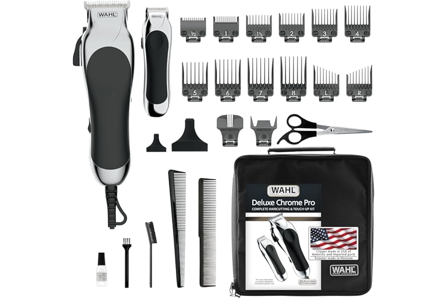 Wahl Clipper USA Deluxe Corded Chrome Pro, Complete Hair and Trimming Kit, Includes Corded Clipper, Cordless Battery Trimmer, and Styling Shears, for a Cut Every Time – Model 79524-5201M