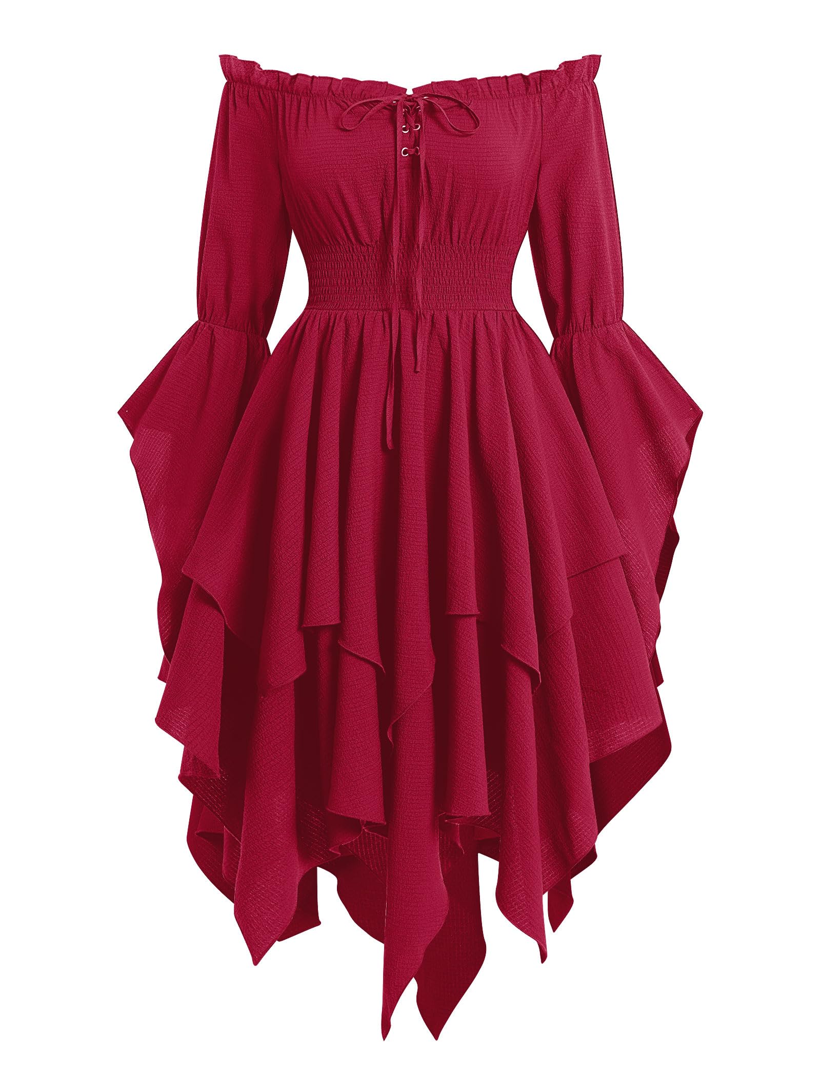 EFOGEP Womens Medieval Renaissance Dress Long Bell Sleeve Off Shoulder Asymmetry Hem Vintage Victorian Gothic Dresses for Costume Parties Festival Casual Wine S