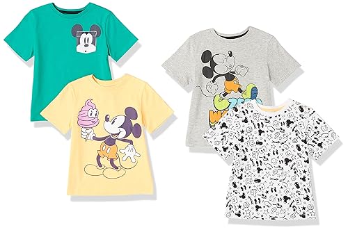 Amazon Essentials Disney | Marvel | Star Wars Toddler Boys' Short-Sleeve T-Shirts (Previously Spotted Zebra), Pack of 4, Green/Orange/Yellow/Mickey Print, 4T