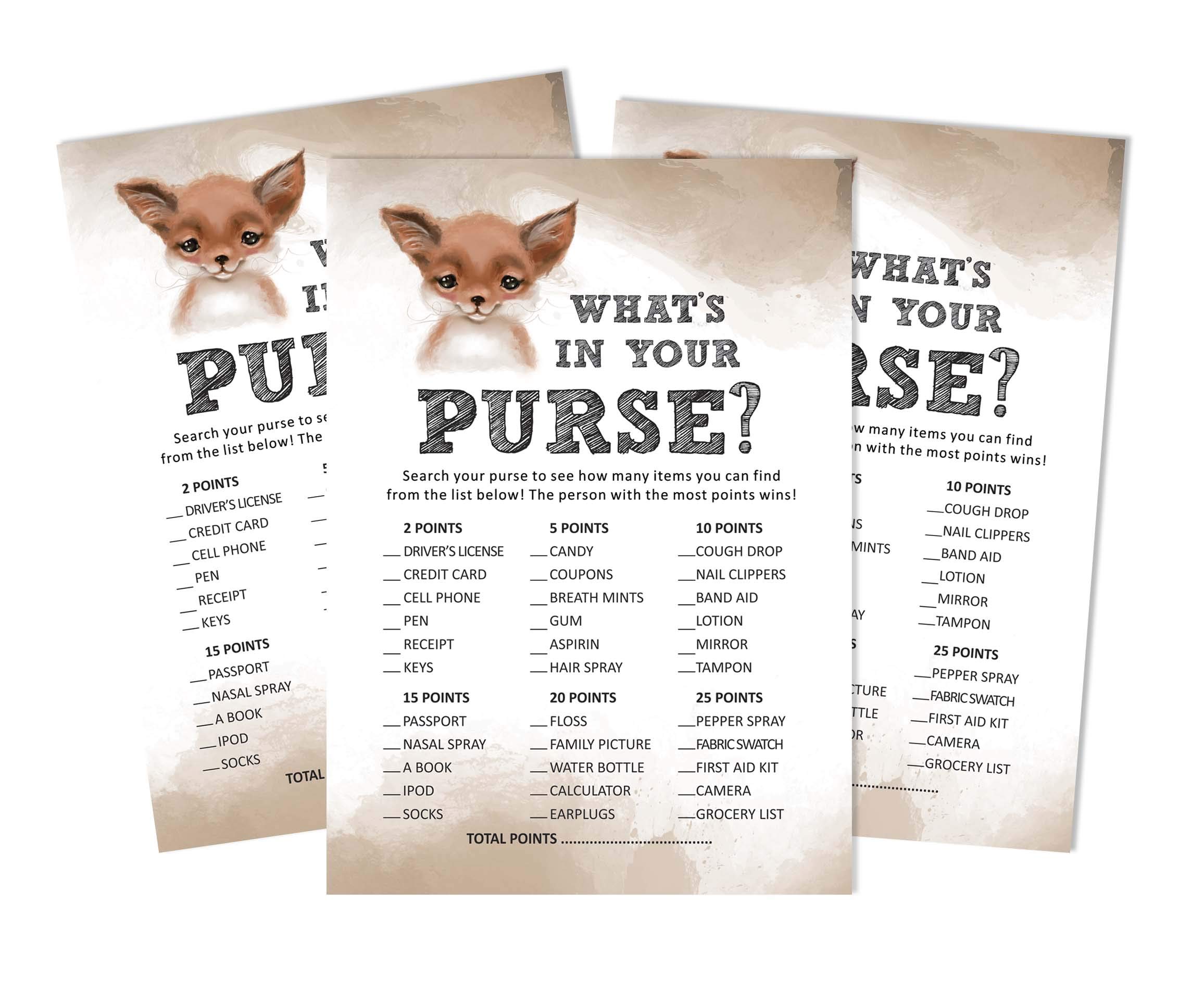 Inkdotpot 50 What's In Your Purse Baby Shower Game Cards Fox Jungle Animals Activity Cards Party Idea Baby Shower Party Supply