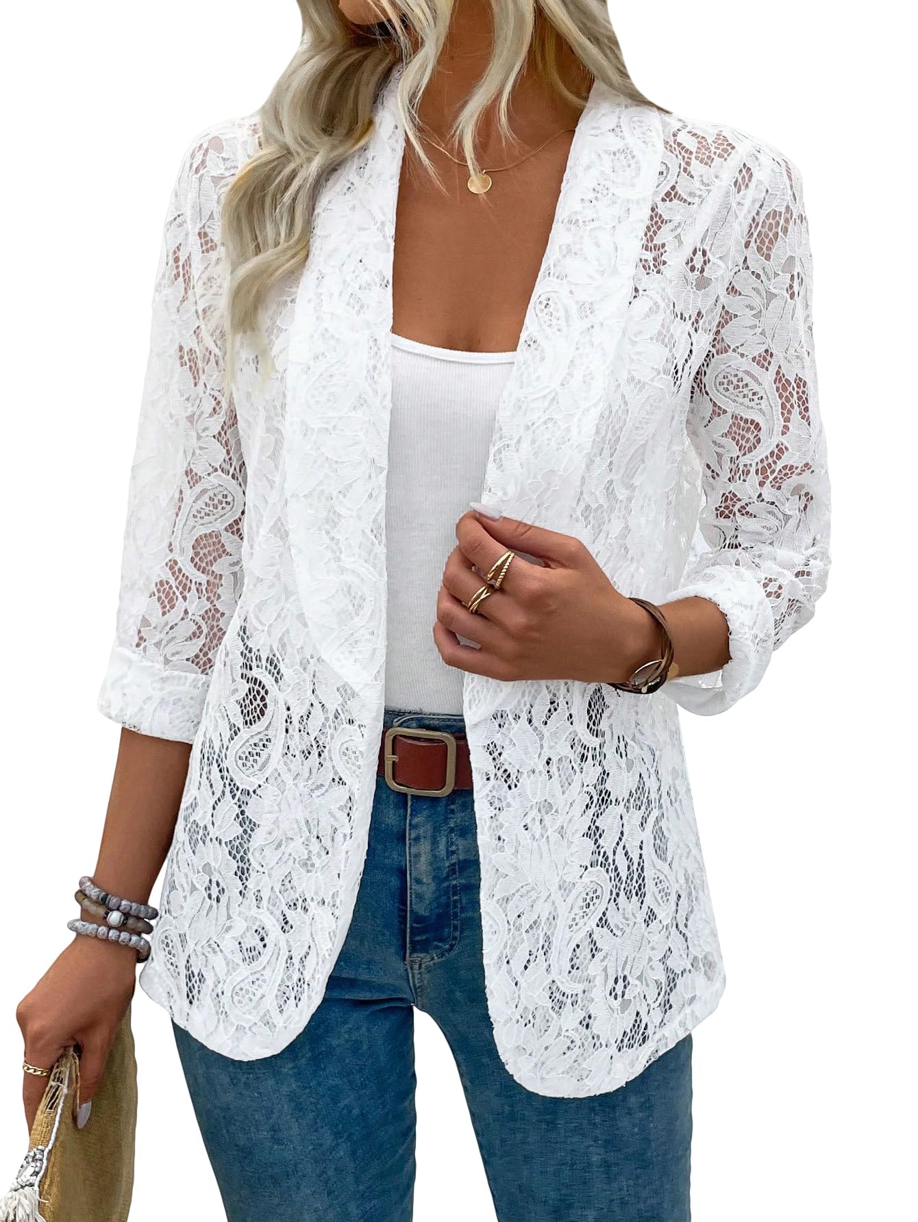 Photo 1 of **RUNS SMALL ** WDIRARA Women's Lace Open Front Long Sleeve Sheer Elegant Casual Blazer Jacket White Large