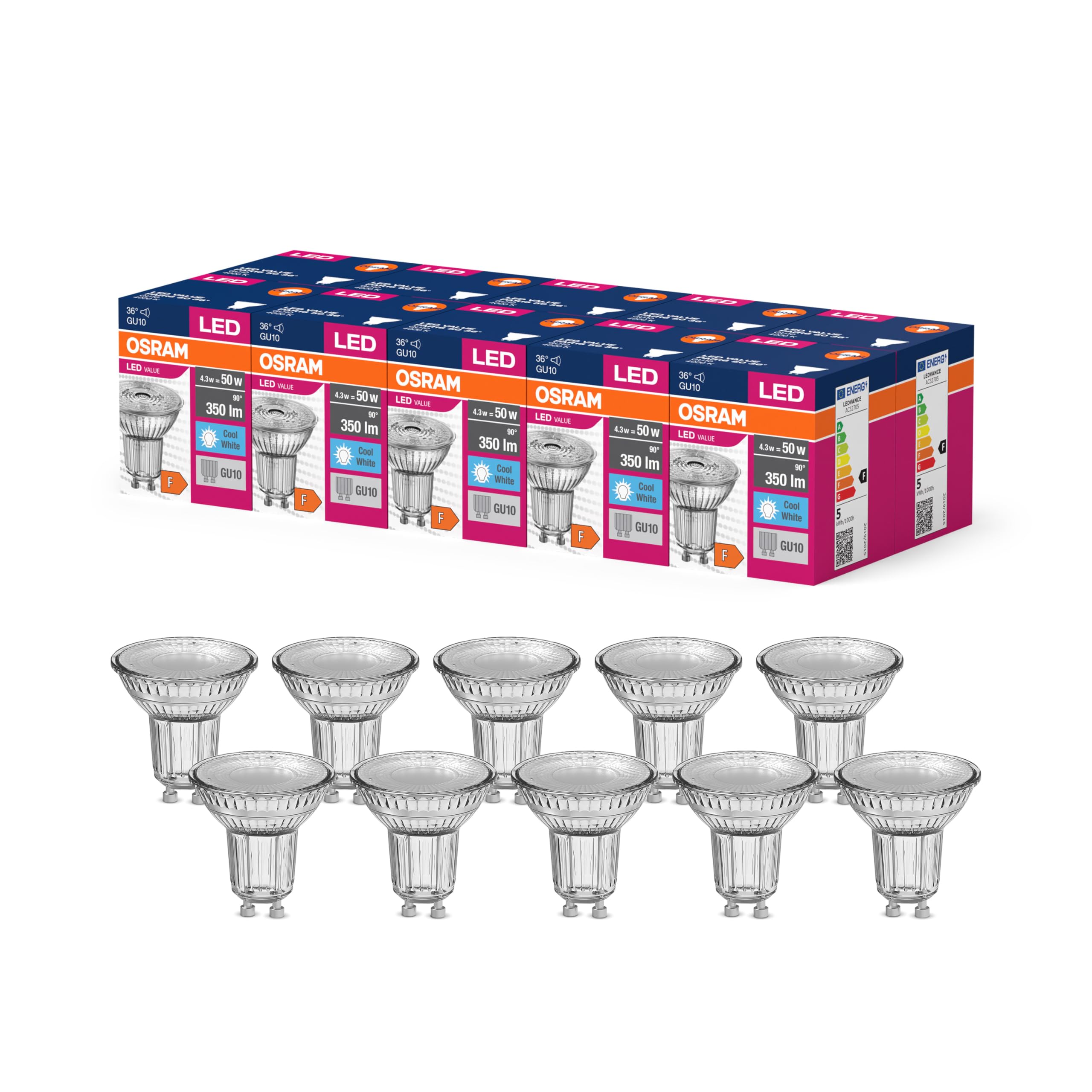 OSRAM Led Star Value Par16 Led Lamp for Gu10 Base, Reflector Lamp, Gl, 350 Lumens, Cold White (4000K), Replacement for Conventional 50W Light Bulbs, Not Dimmable, 10-Pack