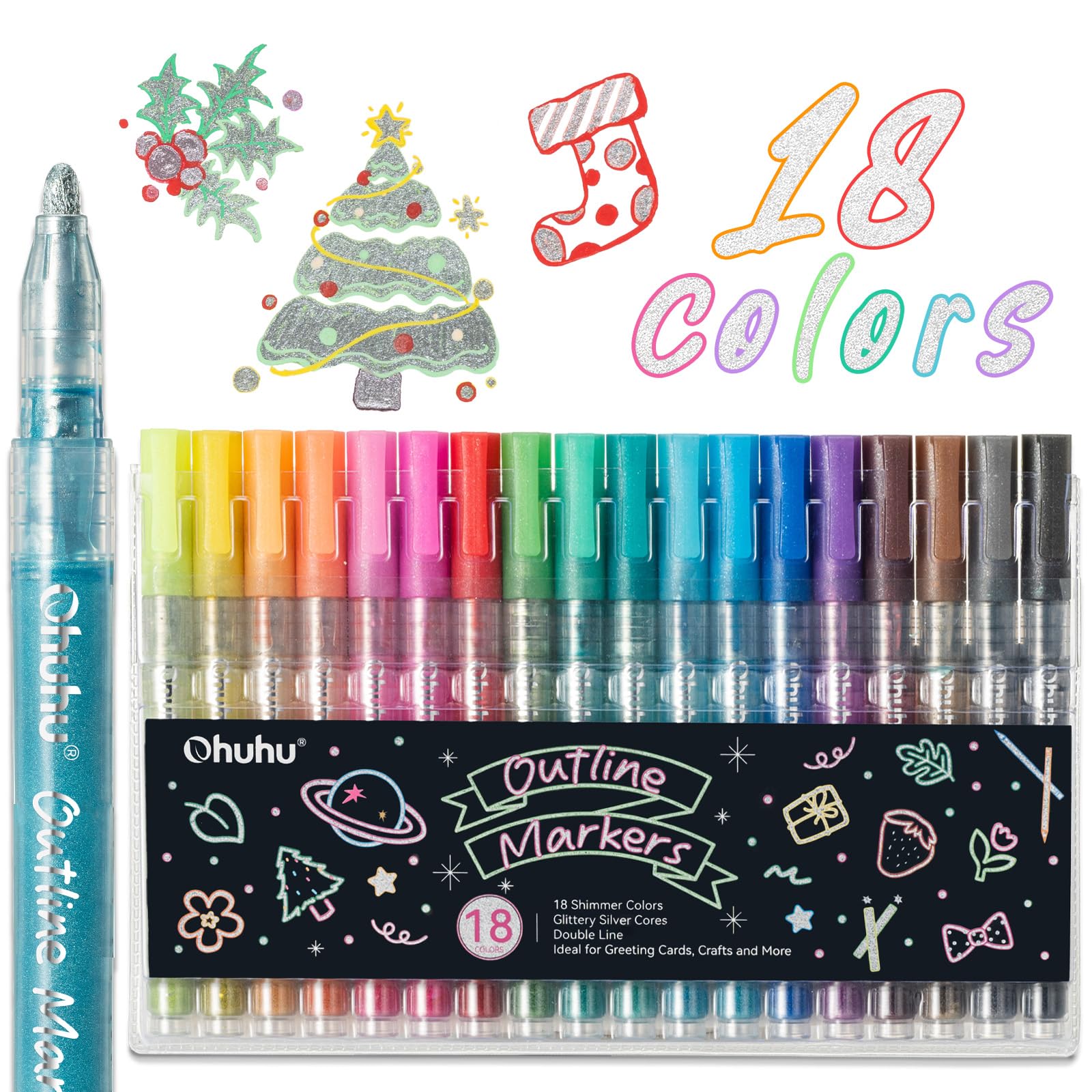 Ohuhu 18 Glitter Pens Outline Marker Pens - Double Line Outline Pens Fun Crafts Art Supplies for Teens Adults Gift Glitter Shimmer Effect for Birthday Greeting Cards Glass Plastic Rocks
