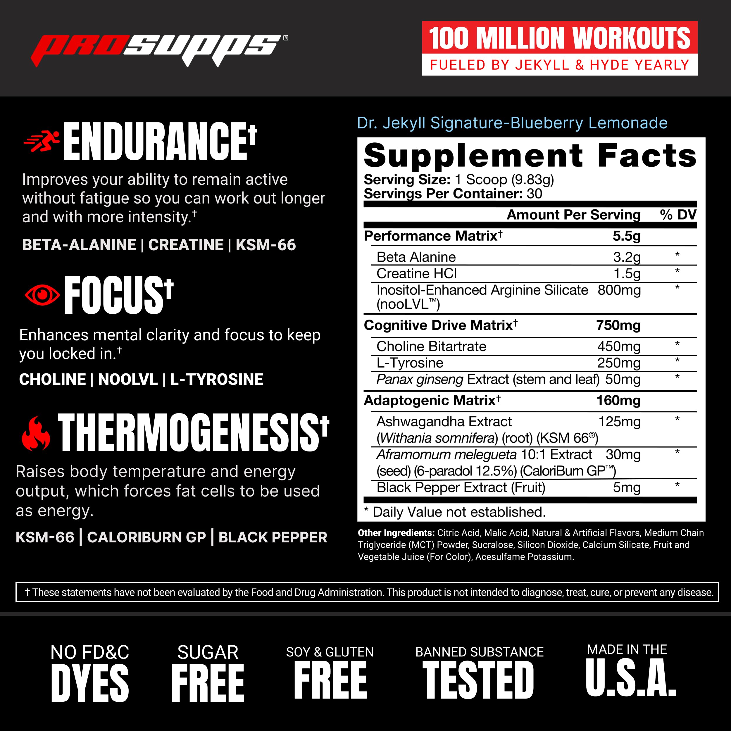 PROSUPPS Dr. Jekyll Signature Pre Workout Powder with Creatine - Stim-Free Preworkout Supports Focus & Endurance - Caffeine-Free Gym & Fitness Supplements (Blueberry Lemonade, 30 Servings)