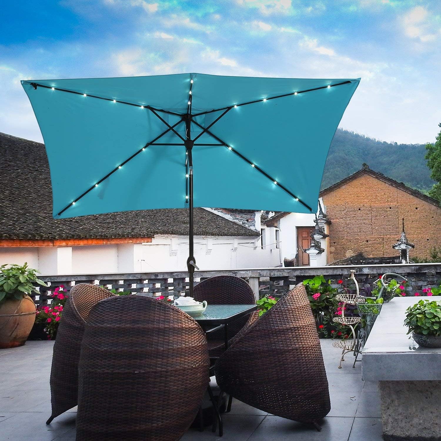 Paulla 10 x 6.5ft LED Lighted Patio Market Umbrella Outdoor Solar Powered Table Umbrella, 6 Ribs (Sky Blue)