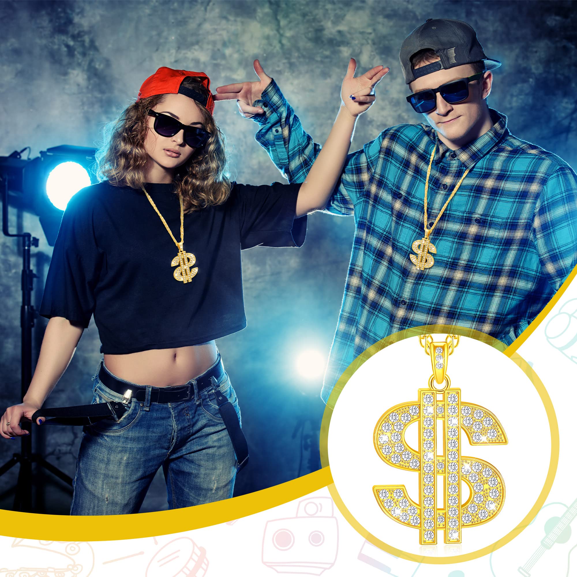 Tatuo Tatuo 2 Pieces Dollar Sign Necklaces Halloween Plated Chain for Men Hip Hop Dollar Sign Chain for Men(Blonde,Trendy Style)