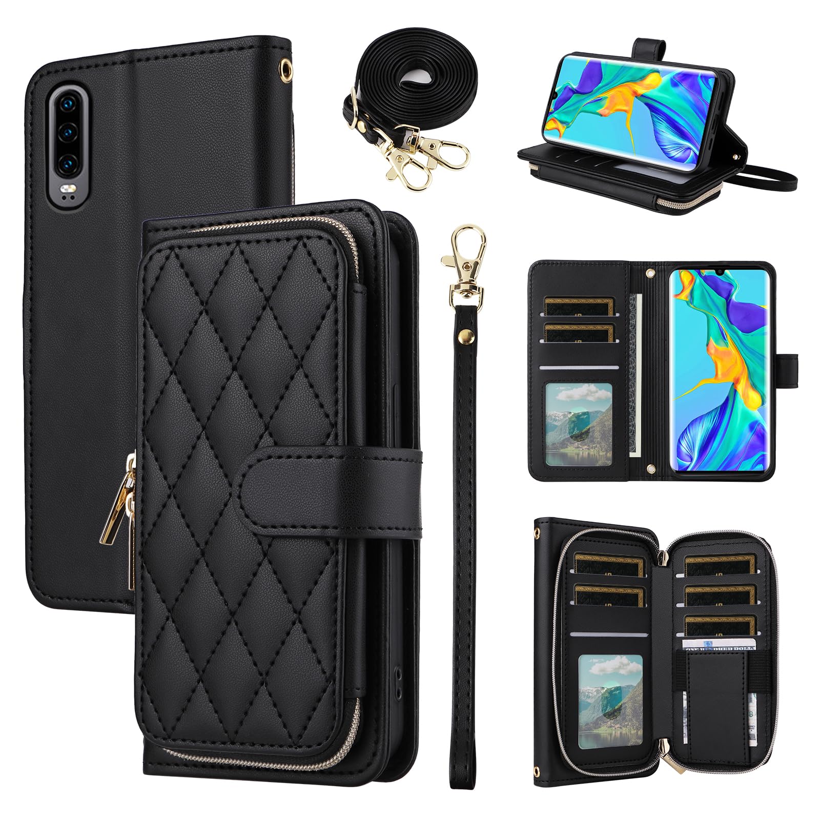 ELISORLI Wallet Case for Huawei P30 with Wrist Strap, Crossbody Shoulder Strap, 9+ Card Slots Zipper Purse, Luxury PU Leather Stand Cell Accessories Phone Cover for Hawaii P 30 ELE-L29 Women Black