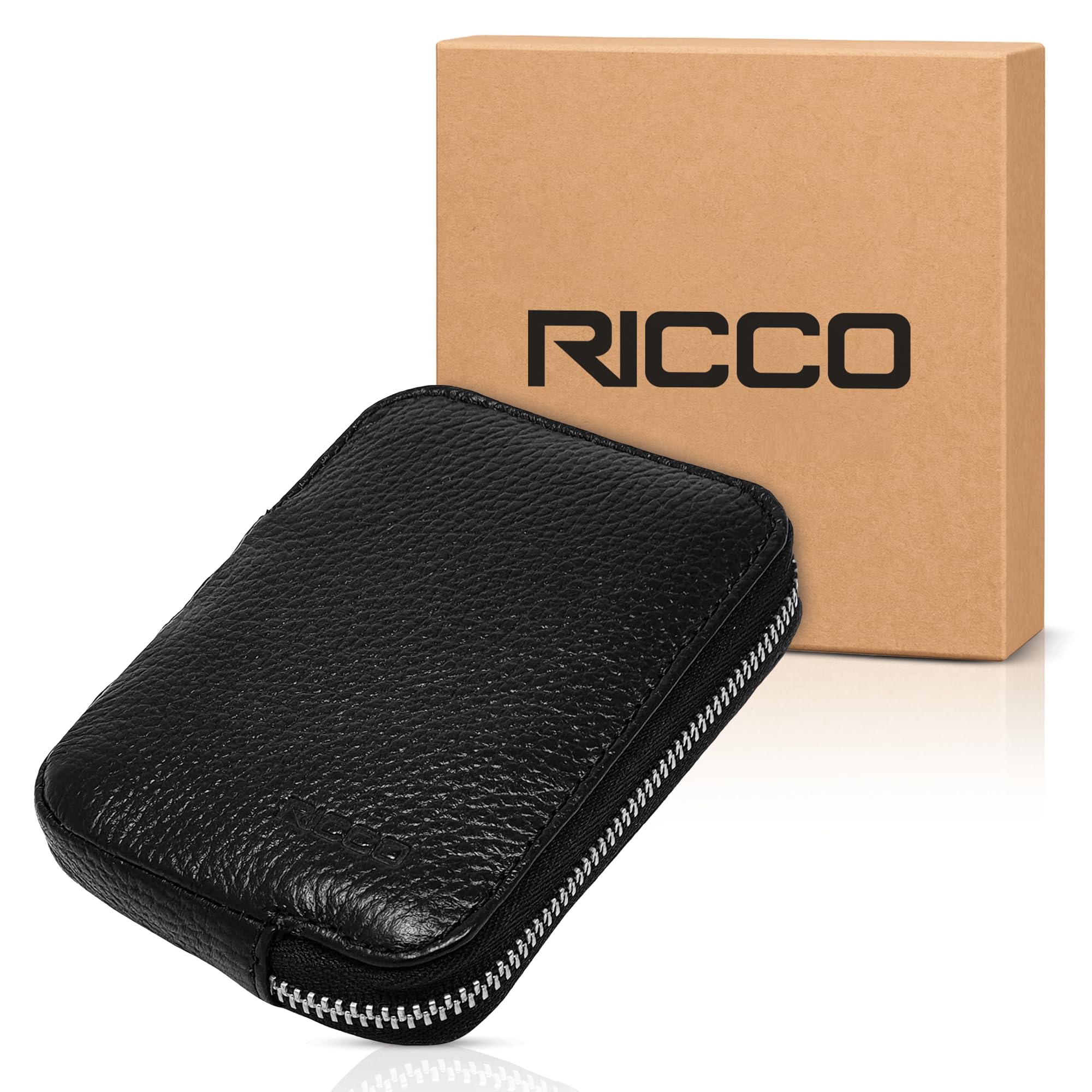 Ricco RFID Blocking Small Leather Card Holder Zipper Pocket Purse Billfold Wallet S10 Black
