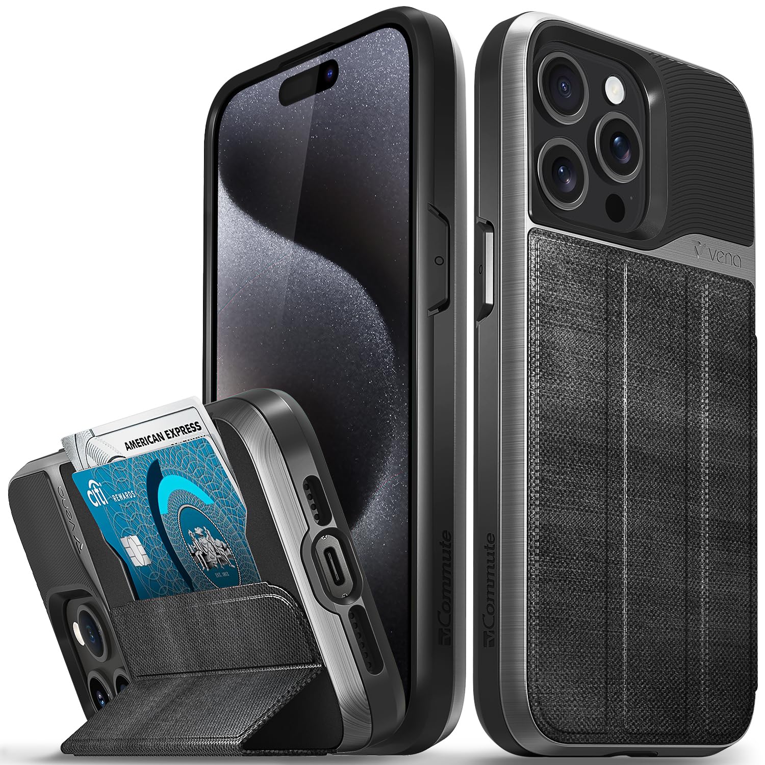 VENA vCommute for iPhone 15 Pro Max Wallet Case, [Military Grade Drop Protection] Flip Leather Cover Card Slot Holder with Kickstand - Black Slate