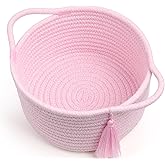 Small Cute Pink Gift Basket Empty to Fill — Mini Wicker Woven Cotton Rope Organizer 8"×4.7", Pastel Decorative Makeup Holder for Girls & Women, Bathroom, valentines/Desk Bin, Shower Gift by SweetMemo