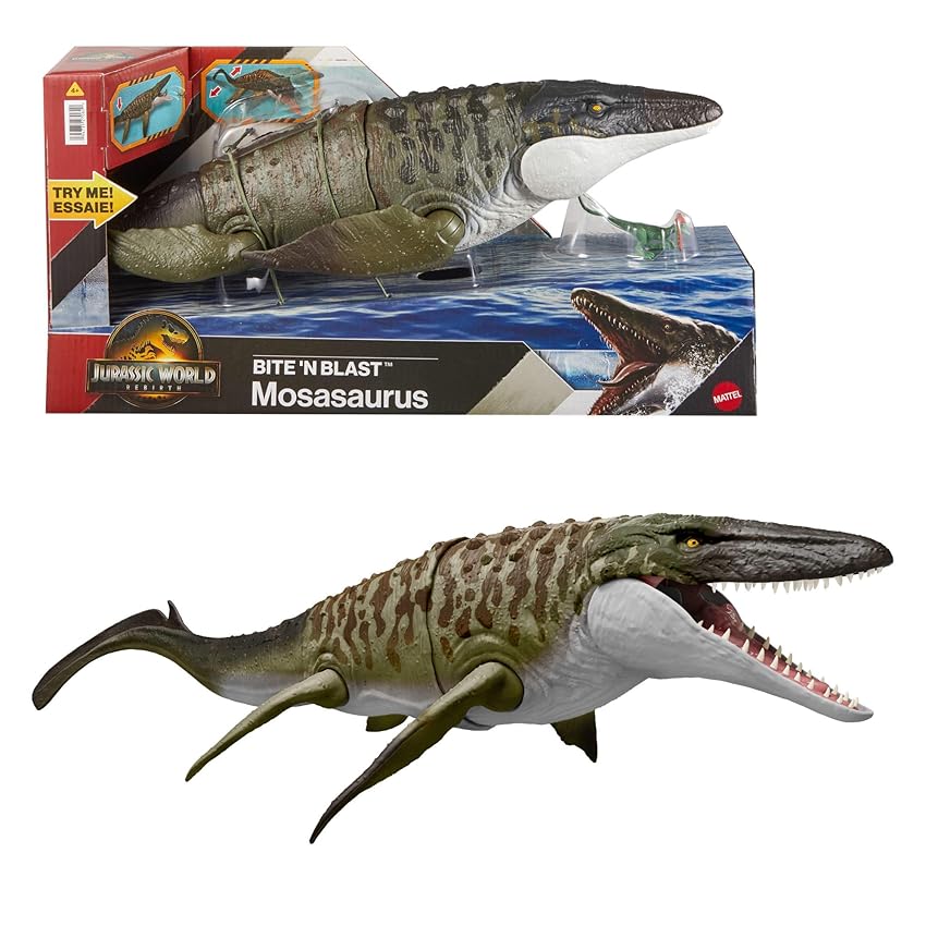 ​Mattel Jurassic World La Rinascita Mosasauro Morso Letale, action figure e mini dilofosauro