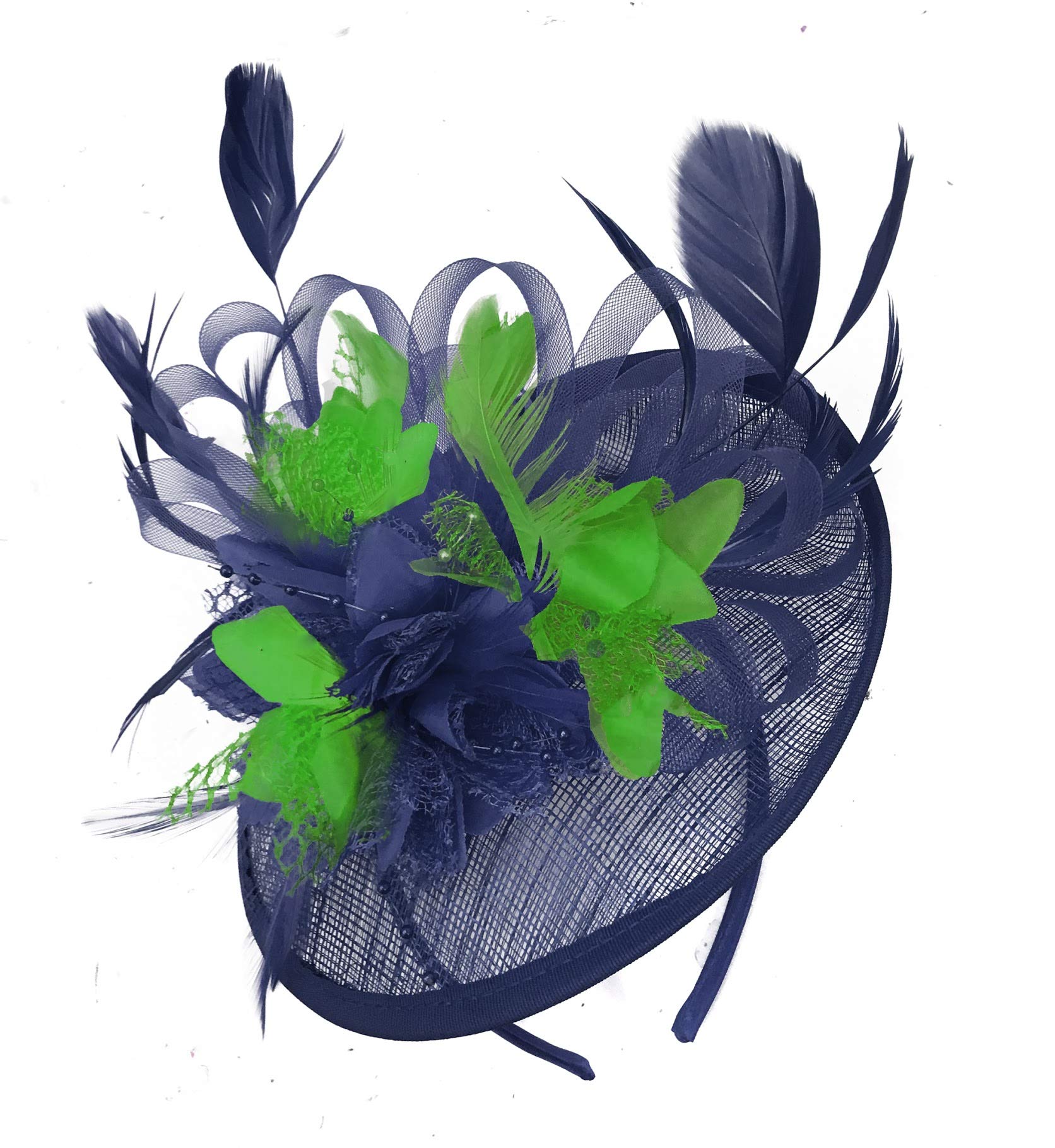 Caprilite Navy Blue and Jade Green Sinamay Disc Saucer Fascinator Hat for Women Weddings Headband