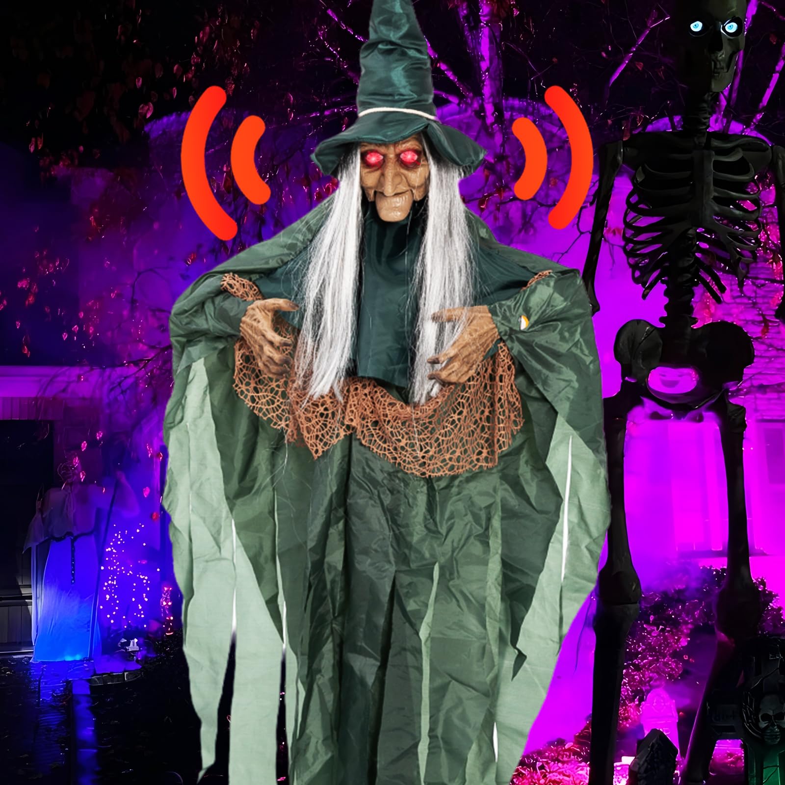 Photo 1 of Halloween Decorations Outdoor Halloween Animatronics Motion Activated 6Ft Creepy Hanging Witch with Light-up Eyes Haunted House Prop Décor Indoor 2025 Update