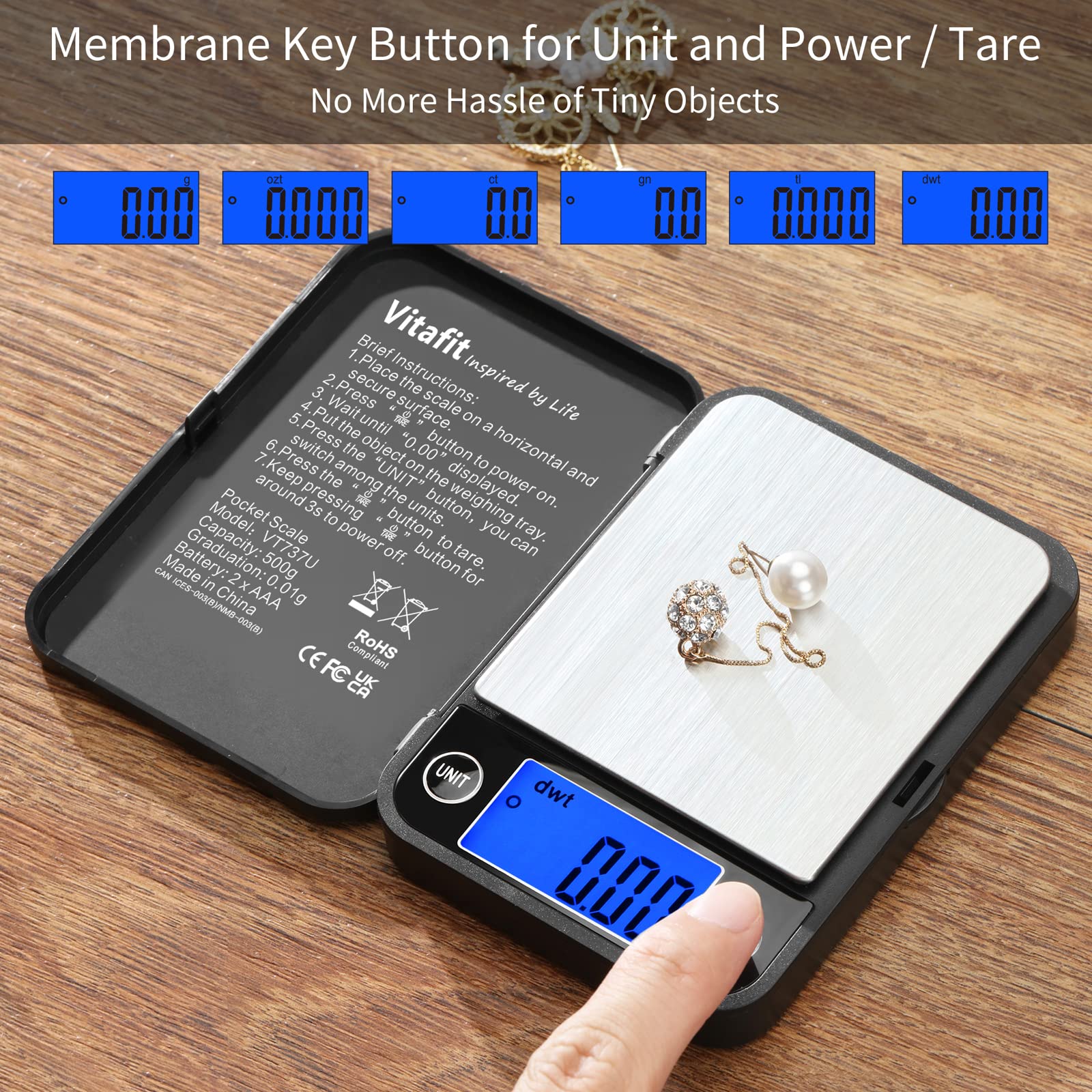 Vitafit 500g/0,01g Digitale Taschenwaage,Feinwaage,Digital Gramm Waage,Goldwaage Münzwaage mit LCD-Anzeige,Schmuckwaage,Schwarz 8