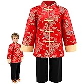Shinymoon Boy Tang Suit Dragon Long Sleeve Shirt Chinese New Year Outfit Copper Coin Traditional Clothes Trousers for Kids