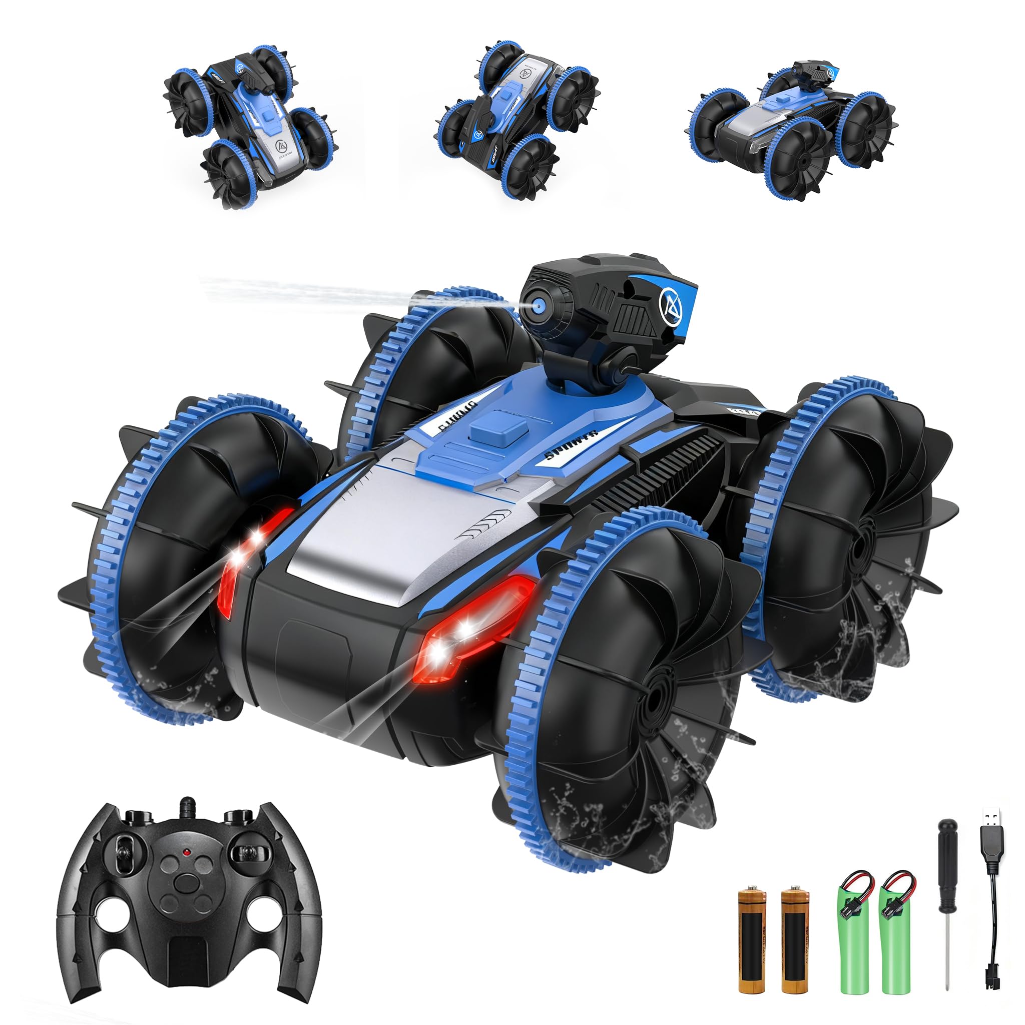 Amphibious Remote Control Car with WATER SPRAY: 360° & 180° Flip Stunts, 2.4GHz 4WD Rechargeable Stunt RC Car for Kids, All Terrain Toy Truck, Gift for Kids Age 3-8 for Christmas Birthday Outdoor Play