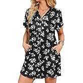 MAKABO Womens Summer Floral Rompers V Neck Boho Short Sleeve Jumpsuits With Pockets Casual Beach Vacation Outfits
