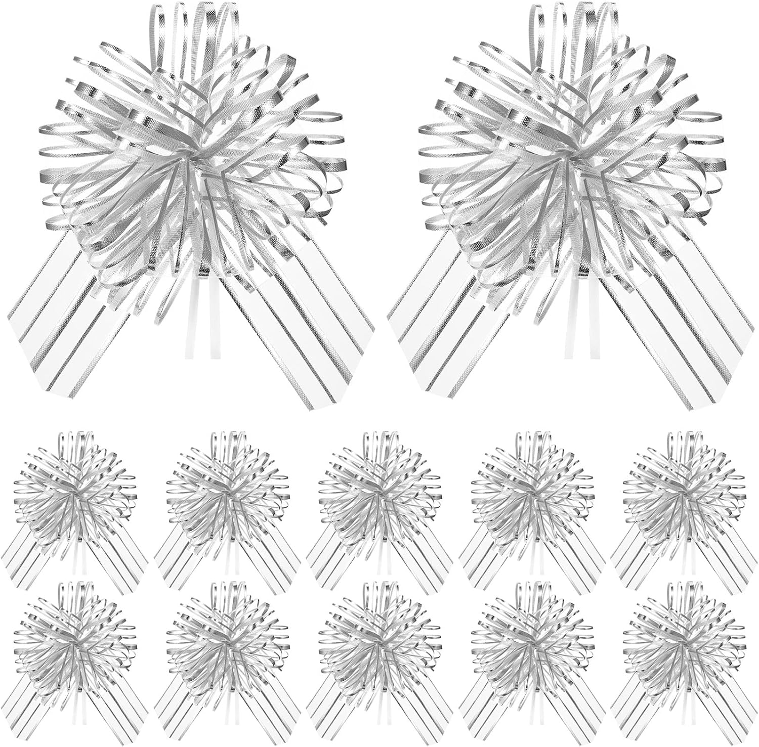 Bows & Ribbons - 12 Pieces Pull Bow Large Organza Gift Wrapping Pull Bows with Ribbon for Christmas Presents Wedding Gift Wrapping Baskets (Silver, 8 Inch)