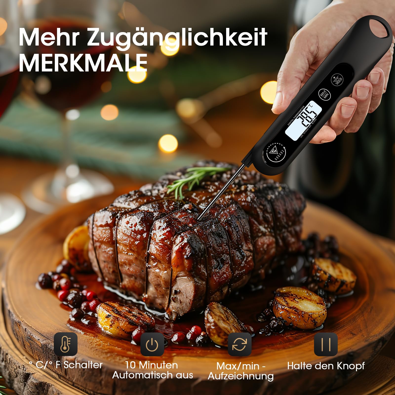 DOQAUS Fleischthermometer Bratenthermometer Thermometer Kochen Backthermometer Weinthermometer Digitale Küchenthermometer 3s Schnelle Reaktion, und LCD Bildschirm, Auto ON/Off -Schwarz 5