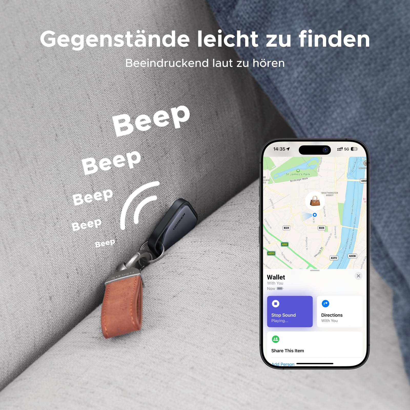 UGREEN FineTrack 4er Pack kompatibel mit Apple Find My (nur iOS), Bluetooth Tracker für Gepäck, Schlüsselfinder, Finder für Schlüssel, Koffer, Reisepässe Smarttag mit Austauschbarer Batterie 6