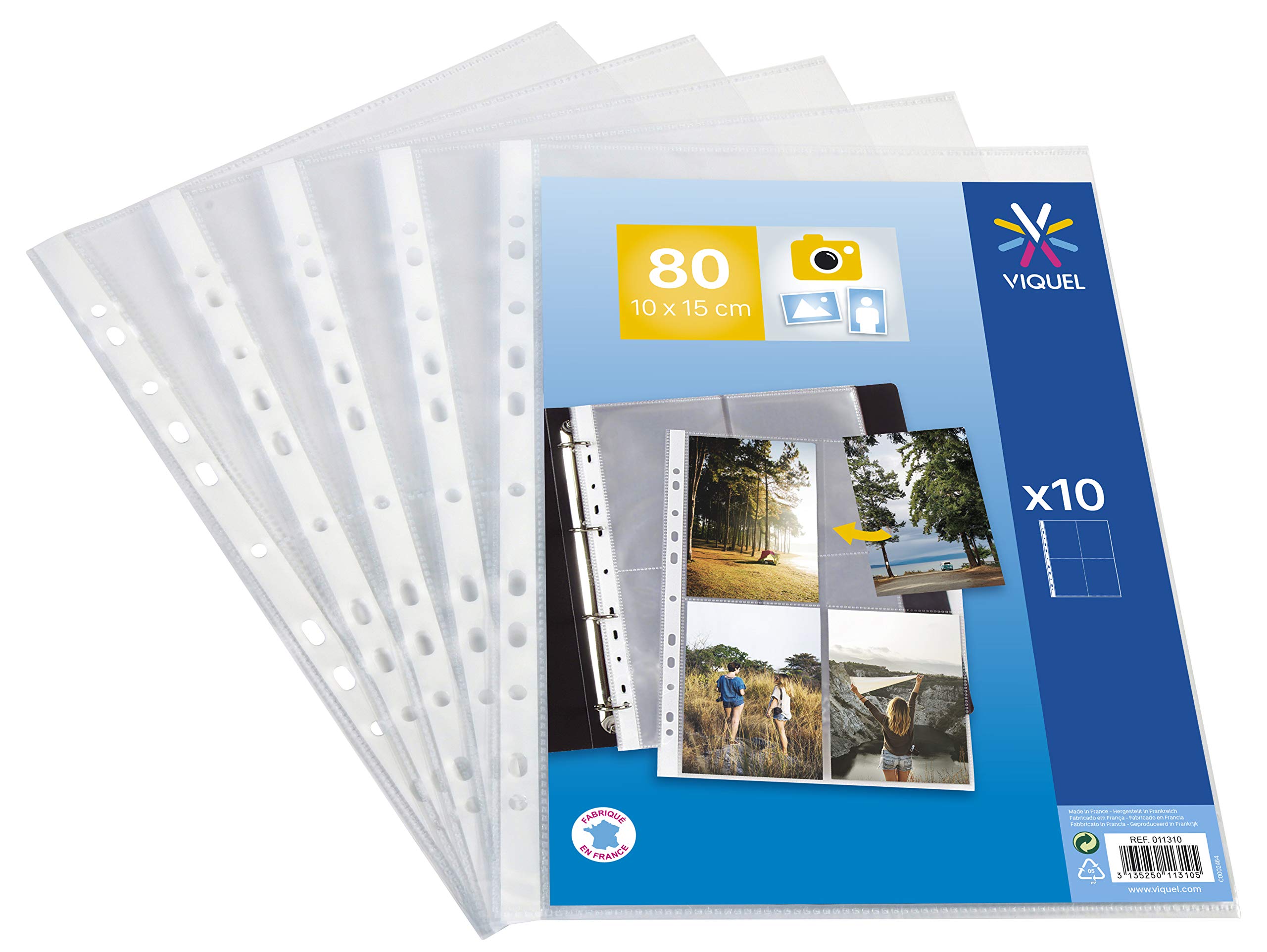 Viquel - Pack of 10 Transparent Perforated Pockets for Photos 10 x 15 cm or Postcards - Durable Protection in Polypropylene 90 microns - A4, 80 Photos, 2 or 4 Rings, Made in France