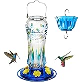 Kingsyard Hummingbird Feeder for Outdoors Hanging, 25 Ounces, Glass Humming Bird Nectar Feeder with Ant Moat & 6 Feeding Ports, Leak Proof, Blue