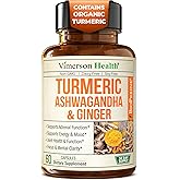 Ashwagandha Organic Turmeric Curcumin Supplement with Ginger Root & Black Pepper – Joint Health, Energy & Immune Support – Antioxidant Blend with 95% Curcuminoids – 60 Capsules