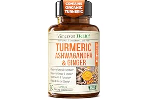 VIMERSON HEALTH Ashwagandha Turmeric Curcumin Supplement with Ginger - Organic Turmeric Supplement, Curcumin with Black Pepper (95% Curcuminoids), Ginger Root for Joint Health, Energy & Immune Support. 60 Capsules