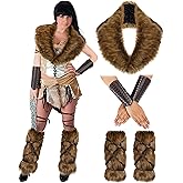Xtinmee 5 Pieces Halloween Viking Costume, Viking Fur, Faux Fur Collar Leg Warmer Hand Warmers