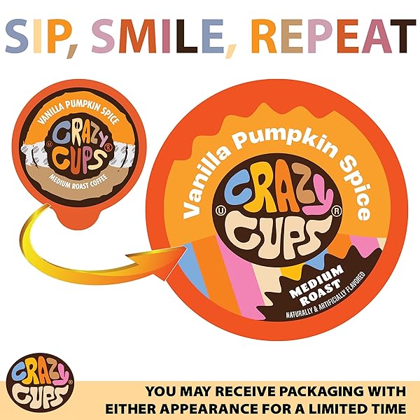 CRAZY CUPS FLAVORED COFFEE PODS, VANILLA PUMPKIN SPICE COFFEE, SINGLE SERVE COFFEE FOR KEURIG K CUPS MACHINES, HOT OR ICED COFFEE, MEDIUM ROAST COFFEE IN RECYCLABLE PODS, 22 COUNT
