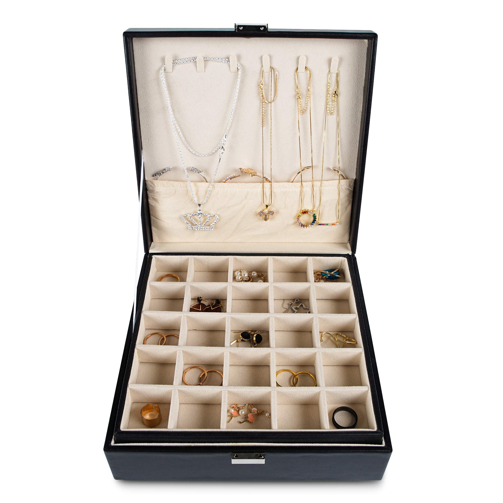 Frebeauty Earring Holder Organizer, 50 Slots Earring Organizer,2 Layer Jewelry Box for Earrings and Necklace,PU Jewelry Organizer,Jewelry Organizers and Storage(Black)