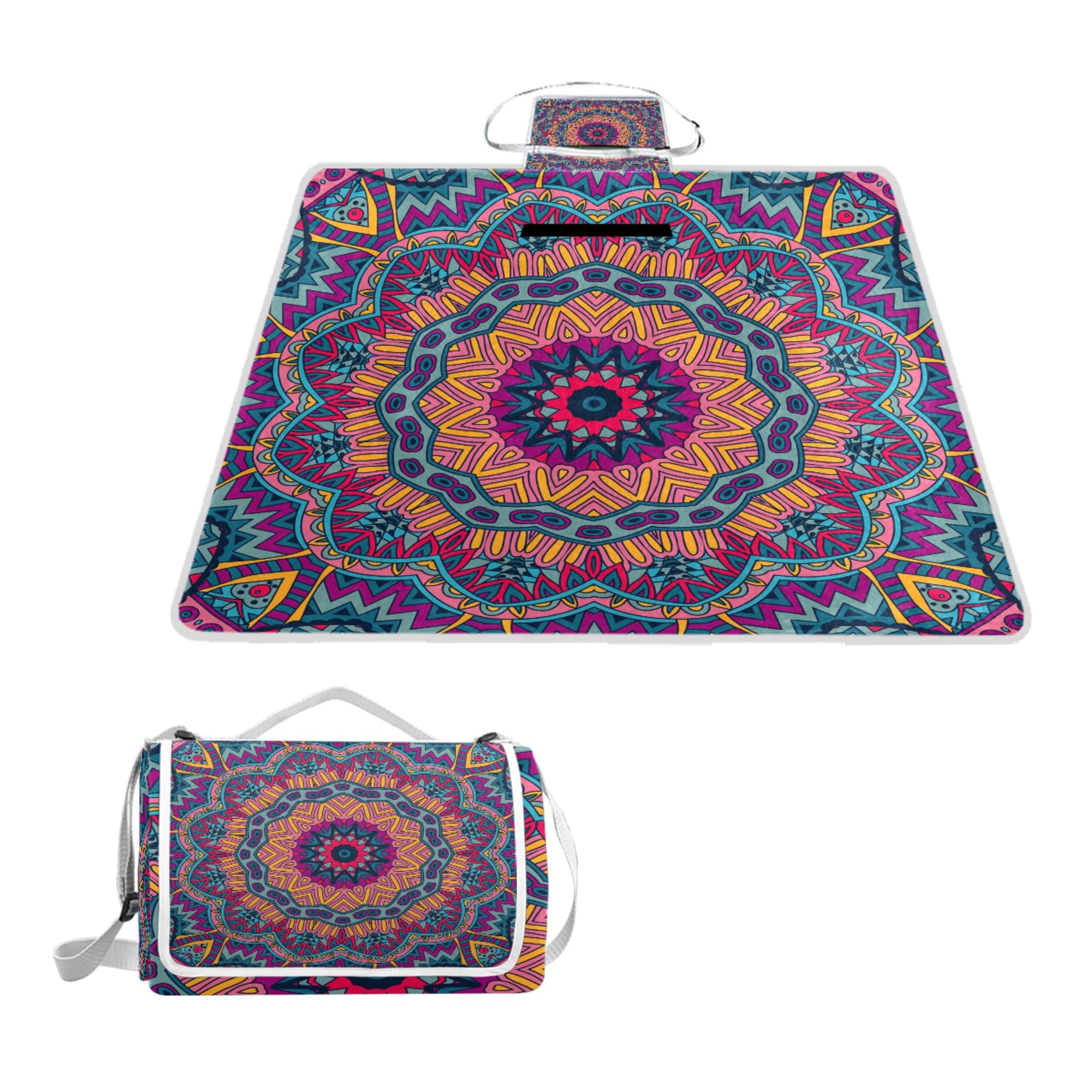 ALAZA Rectangle Waterproof Picnic Blanket, Colorful Mandala With Lotus Portable Folding Indoors Rug Outdoors Mat for Travel Hiking Camping Park, 150cm x 145cm