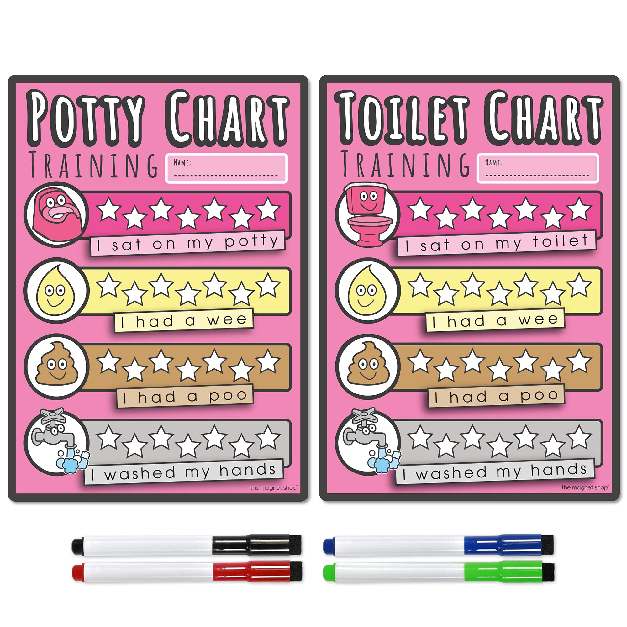 TMS Potty Training Chart and Toilet Reward Chart for Children - Dry Wipe Magnet with Colour in Stars and 4 Magnetic Dry Erase Pens for Toddlers, Kids, Boys, Girls (Pink, A5 Potty & Toilet Chart)