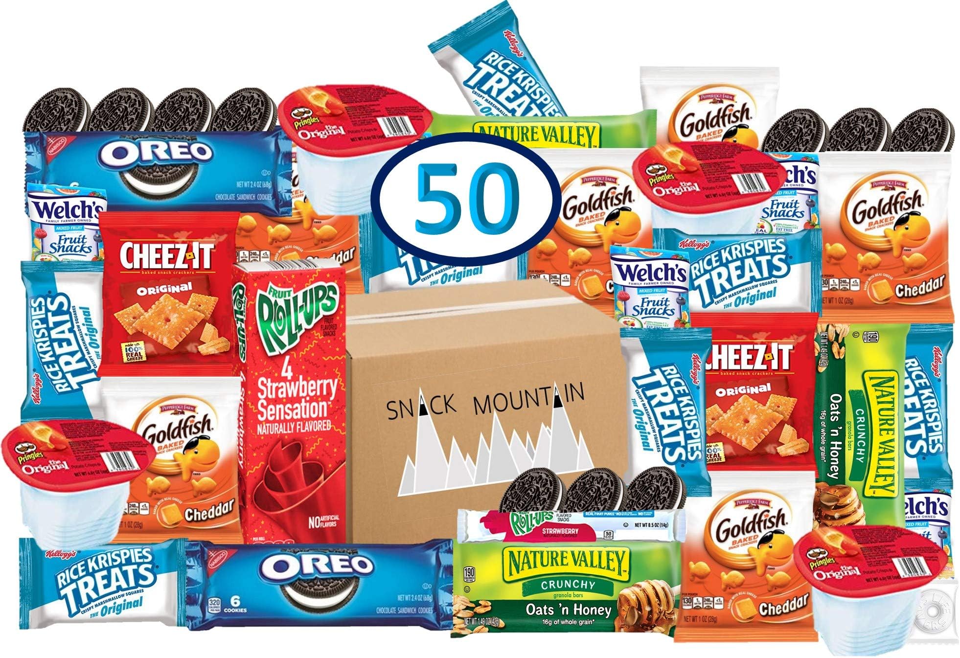 Snack Mountain Care Package (50 Count) Cookies, Nature Valley, Pringles Cups, Goldfish Crackers, Rice Krispies, Gummies, Fruit Roll-up, Lifesavers, Assorted Candy: Prime Pack Bulk Food