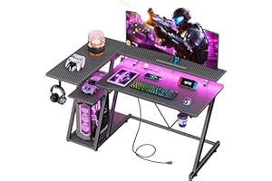 Korfile 40 Inch Gaming Desk with Power Outlet & LED Lights, L Shaped Computer Gaming Table with 3 Tiers Storage Shelves, Corner Gamer Desk with Monitor Stand for Small Space, Carbon Fiber Black