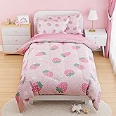 SANDJEST Strawberry Comforter Set Twin Size 68x86in for Kids Girls, Microfiber 3 Pcs Bedding Set Includes 1 Comforter, 1 Pillowcase, 1 Fitted Sheet, Nursery Room Decor