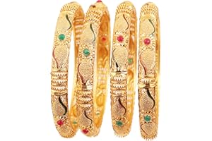 Touchstone Golden Bangle Collection Indian Bollywood Desire Beautifully Carved Conch Shell Inspired Thick Designer Jewelry Bangle Bracelets. Set of 4. in Gold Tone for Women