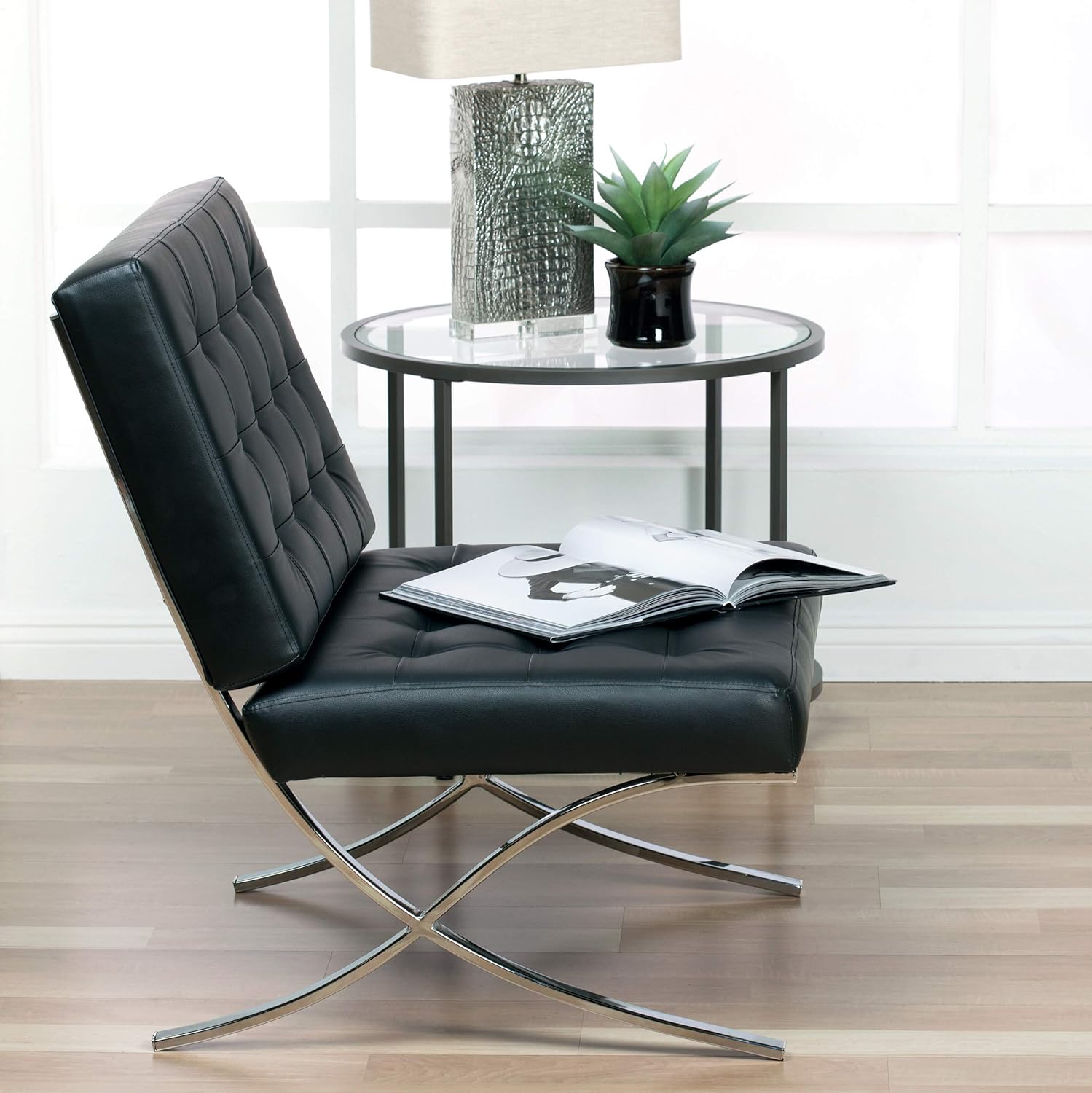 Studio Designs Home Modern Atrium Accent Chair Lounge Chair for Living Room Bedroom, Bonded Leather, Black, 72008: Furniture & Decor