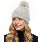 Ababalaya 100% Rabbit Hair Knit Beanie with Real Fox Hair Pompom for Women Warm Winter Hat Windproof Cuffed Cap