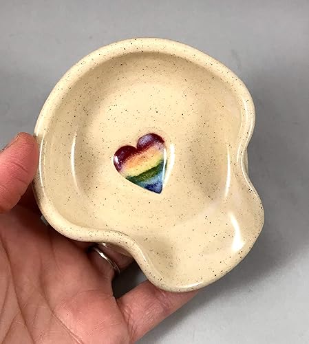 Teaspoon Rest, MINI Ceramic Spoon Rest with Rainbow Heart in Cream