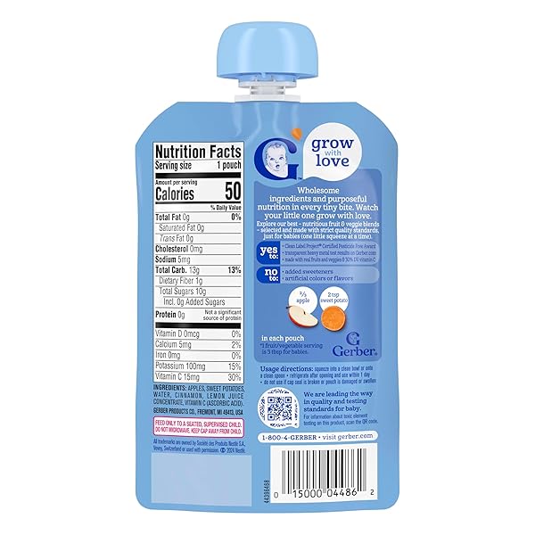 GERBER STAGE 2 BABY FOOD, APPLE SWEET POTATO CINNAMON PUREE POUCH, 2 SERVINGS OF FRUIT & VEGGIE, NO ADDED SWEETENER, NO ARTIFICIAL COLORS OR FLAVORS