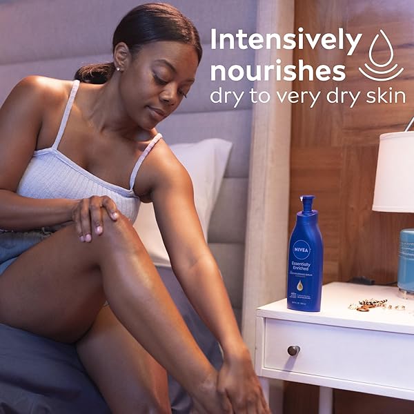 NIVEA ESSENTIALLY ENRICHED BODY LOTION FOR VERY DRY SKIN WITH HYALURONIC ACID, ALMOND OIL AND DEEP NOURISHING SERUM, 72-HOUR BODY MOISTURIZER, 16.9 FL OZ PUMP BOTTLE, PACK OF 2