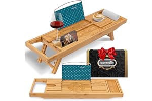 SereneLife 2 in 1 Bed and Bath Tray - Foldable Bamboo Bathtub Caddy with Adjustable Length, Non-Slip, Device Holder, Wine Glass Slot, Expandable for Comfortable Bathing (Folding, Soft Back, Gift Set)